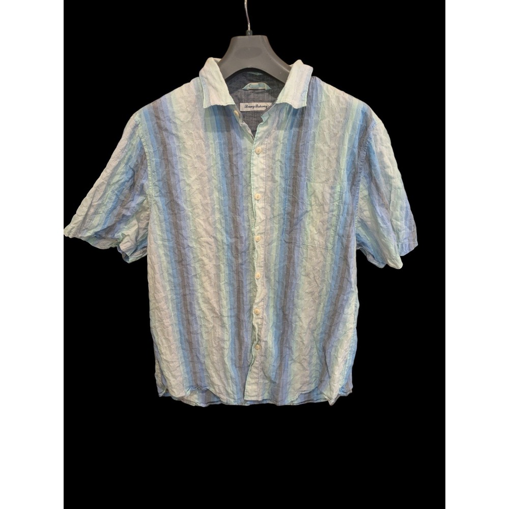 Tommy Bahama Shirt Men's L Blue Stripe 99% Cotton Short Sleeve Button Up Shirt